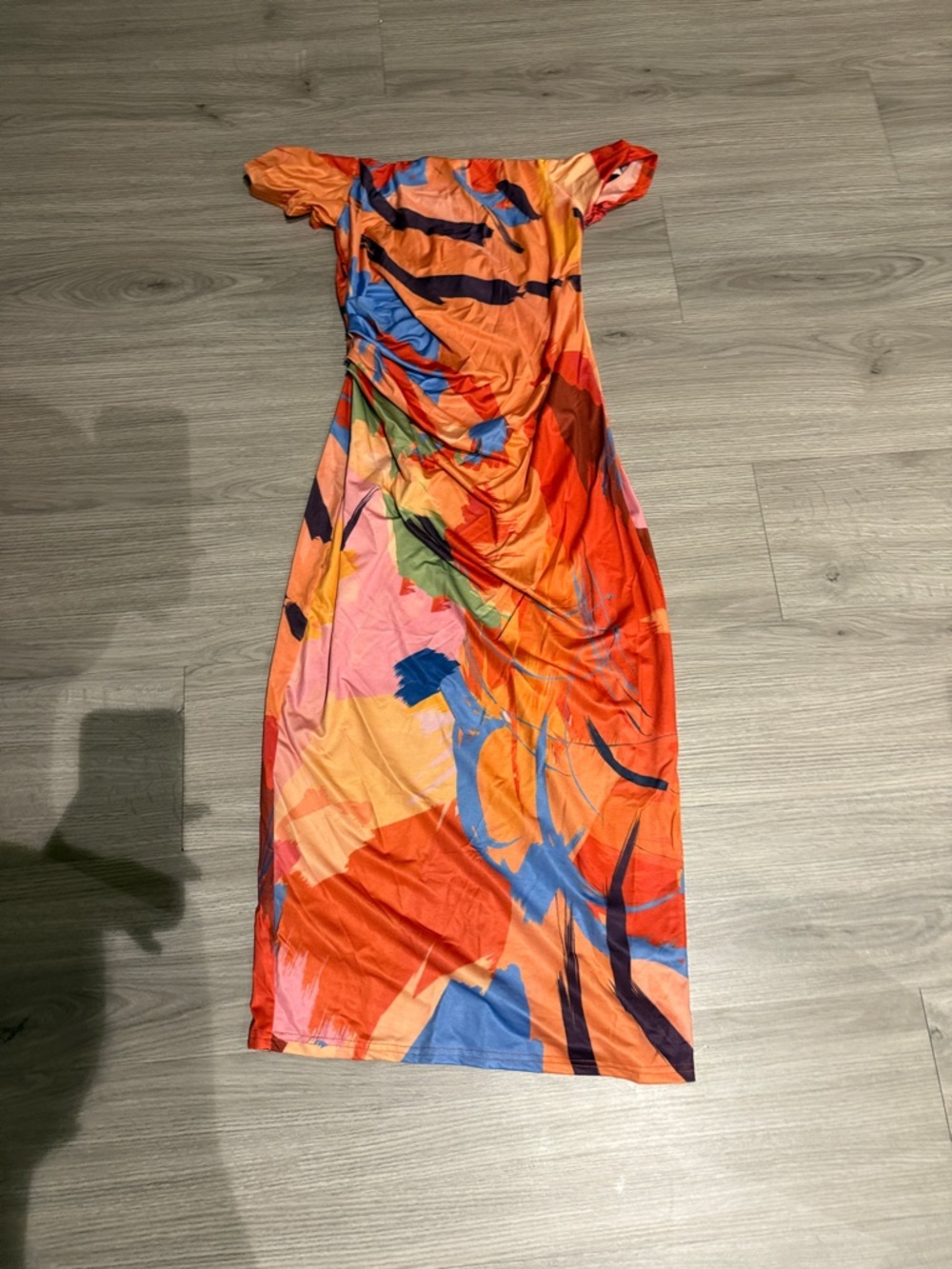 Abstract Print Orange Midi Dress with Off-Shoulder Detail